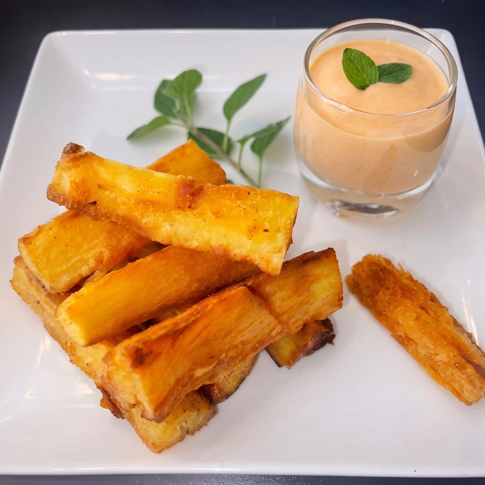 Golden fried yuca sticks on a white plate with a side of orange dipping sauce garnished with mint.