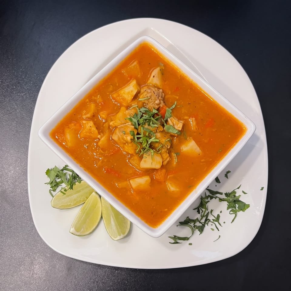 Vibrant orange-red stew with meat, potatoes, and fresh herbs, served with lime wedges.