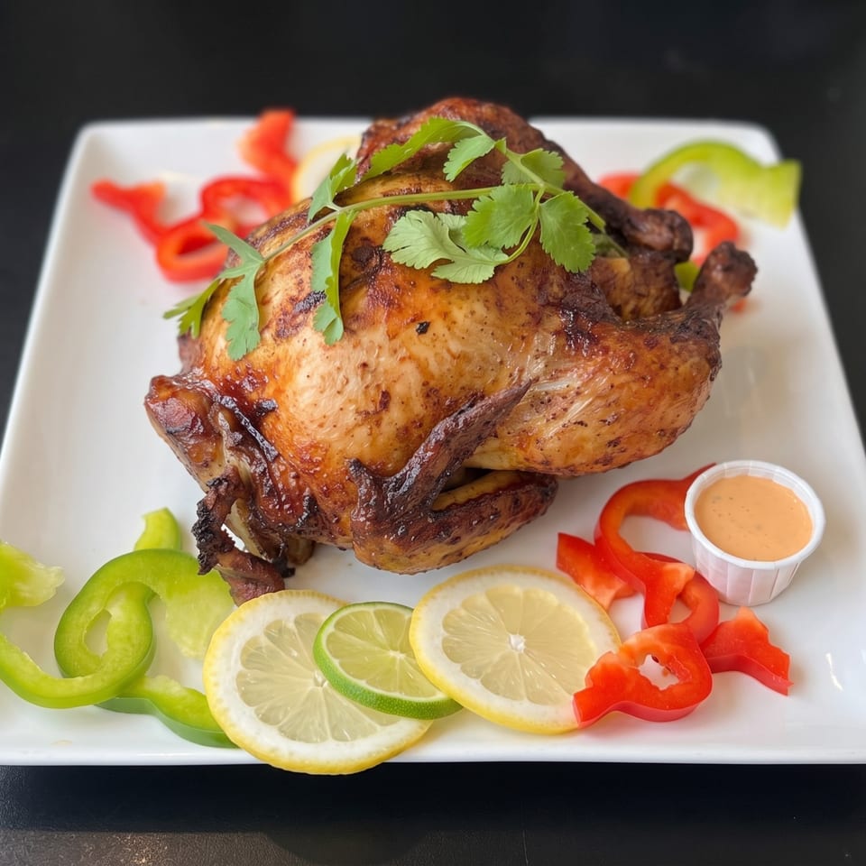 Whole roasted chicken garnished with cilantro, lemon, lime, bell peppers, and a side of sauce.